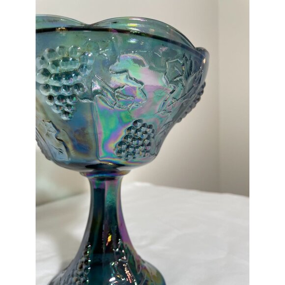 Vintage Indiana Carnival Glass Blue Compote Bowl Grape & Leaf Pattern - No Lid - Picture 2 of 5
